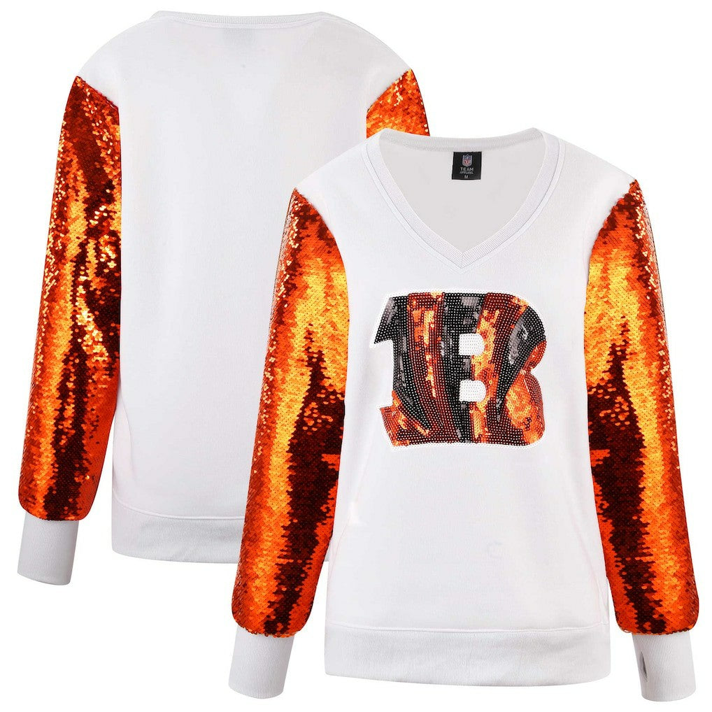 Cincinnati Bengals Cuce Women's Sequin Sleeve V-Neck Pullover Sweatshirt- White on sale