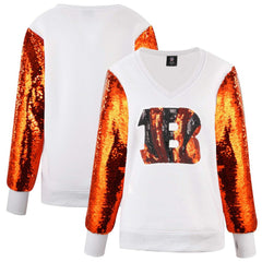 Cincinnati Bengals Cuce Women's Sequin Sleeve V-Neck Pullover Sweatshirt- White on sale