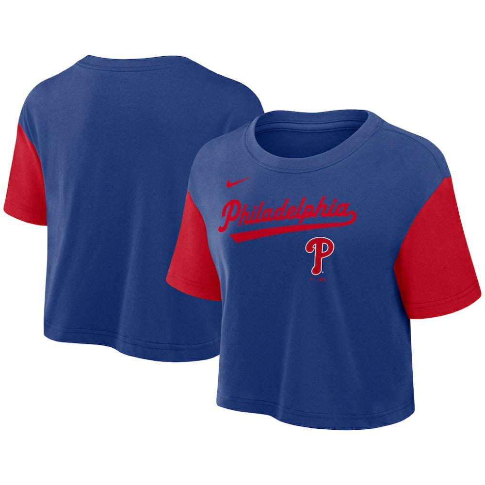 Philadelphia Phillies Women's Script Dri-FIT Cropped T-Shirt - Royal/Red | Nike