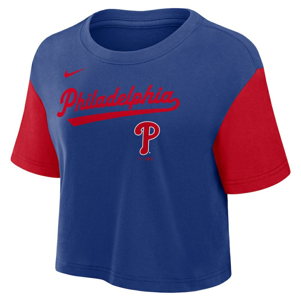 Philadelphia Phillies Women's Script Dri-FIT Cropped T-Shirt - Royal/Red | Nike