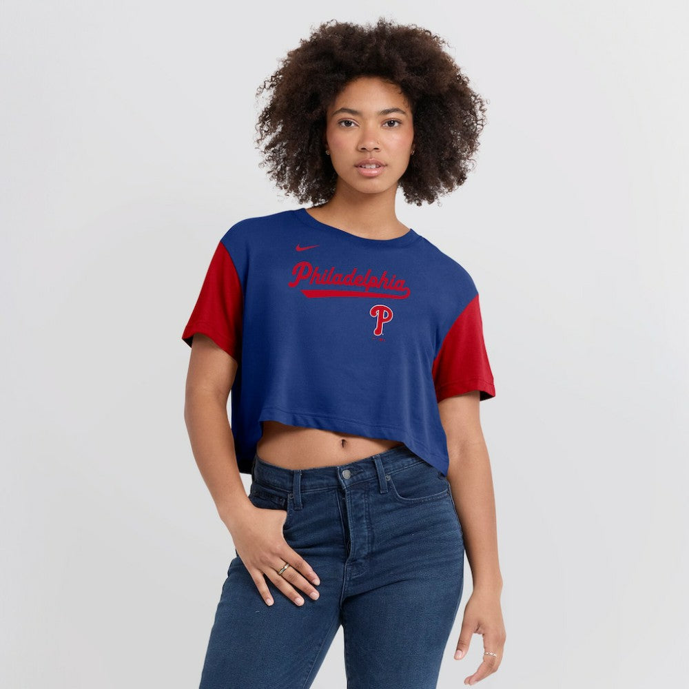 Philadelphia Phillies Women's Script Dri-FIT Cropped T-Shirt - Royal/Red | Nike
