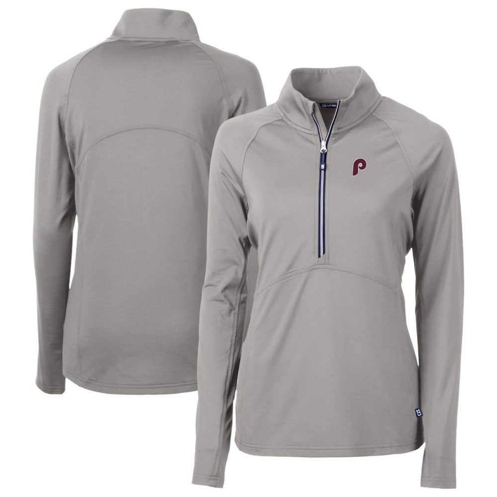 Philadelphia Phillies Cutter & Buck Women's Cooperstown Collection DryTec Adapt Eco Knit Stretch Recycled Raglan Half-Zip Top - Gray