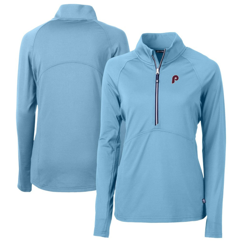 Philadelphia Phillies Cutter & Buck Women's Cooperstown Collection DryTec Adapt Eco Knit Stretch Recycled Raglan Half-Zip Top - Powder Blue