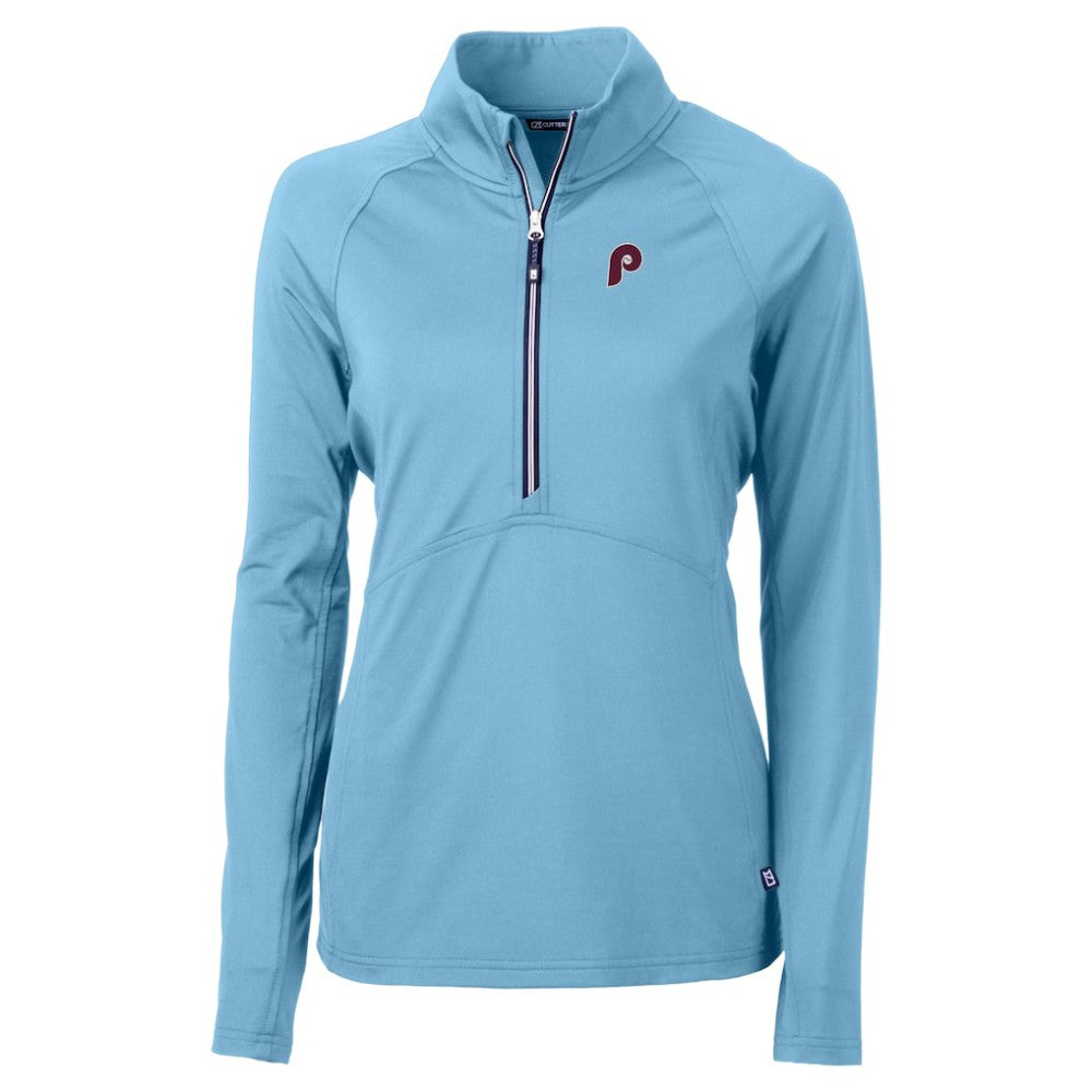 Philadelphia Phillies Cutter & Buck Women's Cooperstown Collection DryTec Adapt Eco Knit Stretch Recycled Raglan Half-Zip Top - Powder Blue