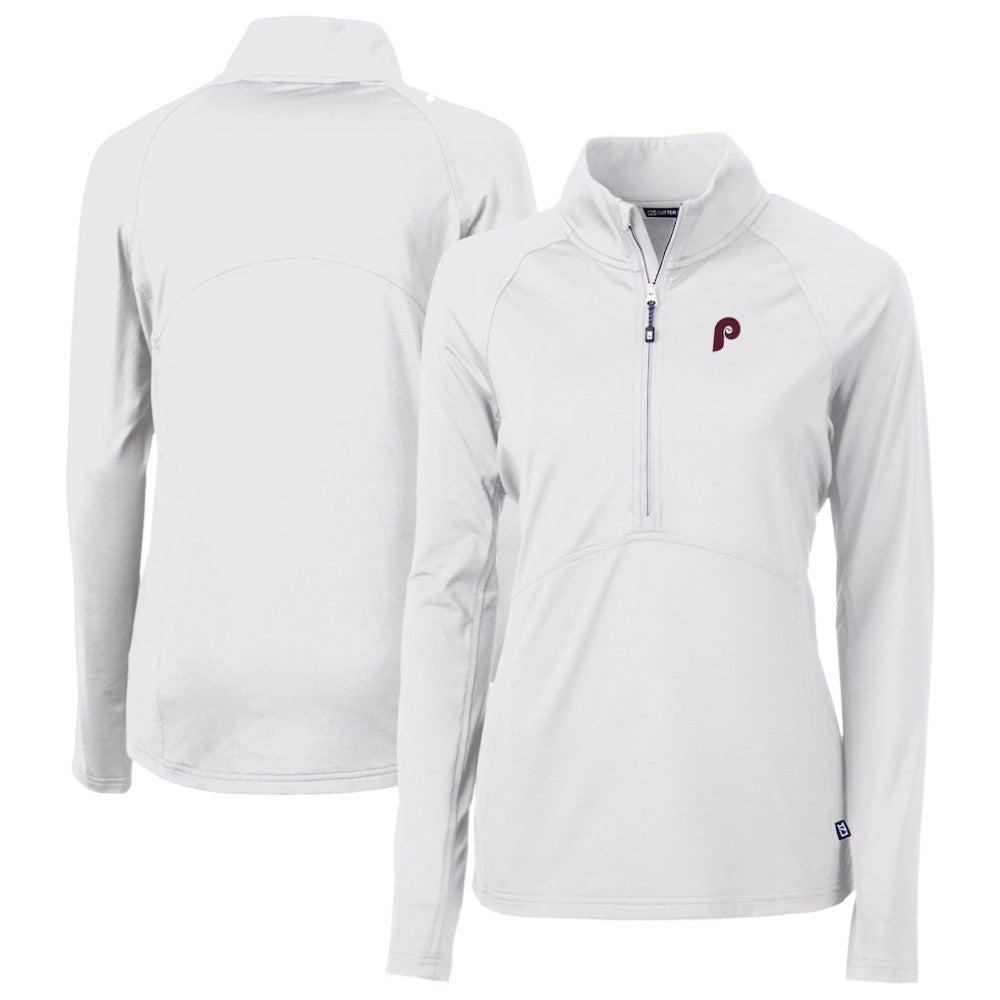 Philadelphia Phillies Cutter & Buck Women's Cooperstown Collection DryTec Adapt Eco Knit Stretch Recycled Raglan Half-Zip Top - White