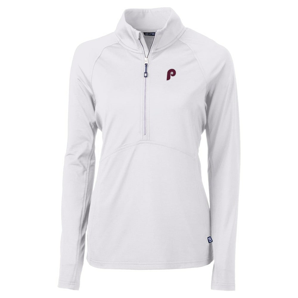 Philadelphia Phillies Cutter & Buck Women's Cooperstown Collection DryTec Adapt Eco Knit Stretch Recycled Raglan Half-Zip Top - White