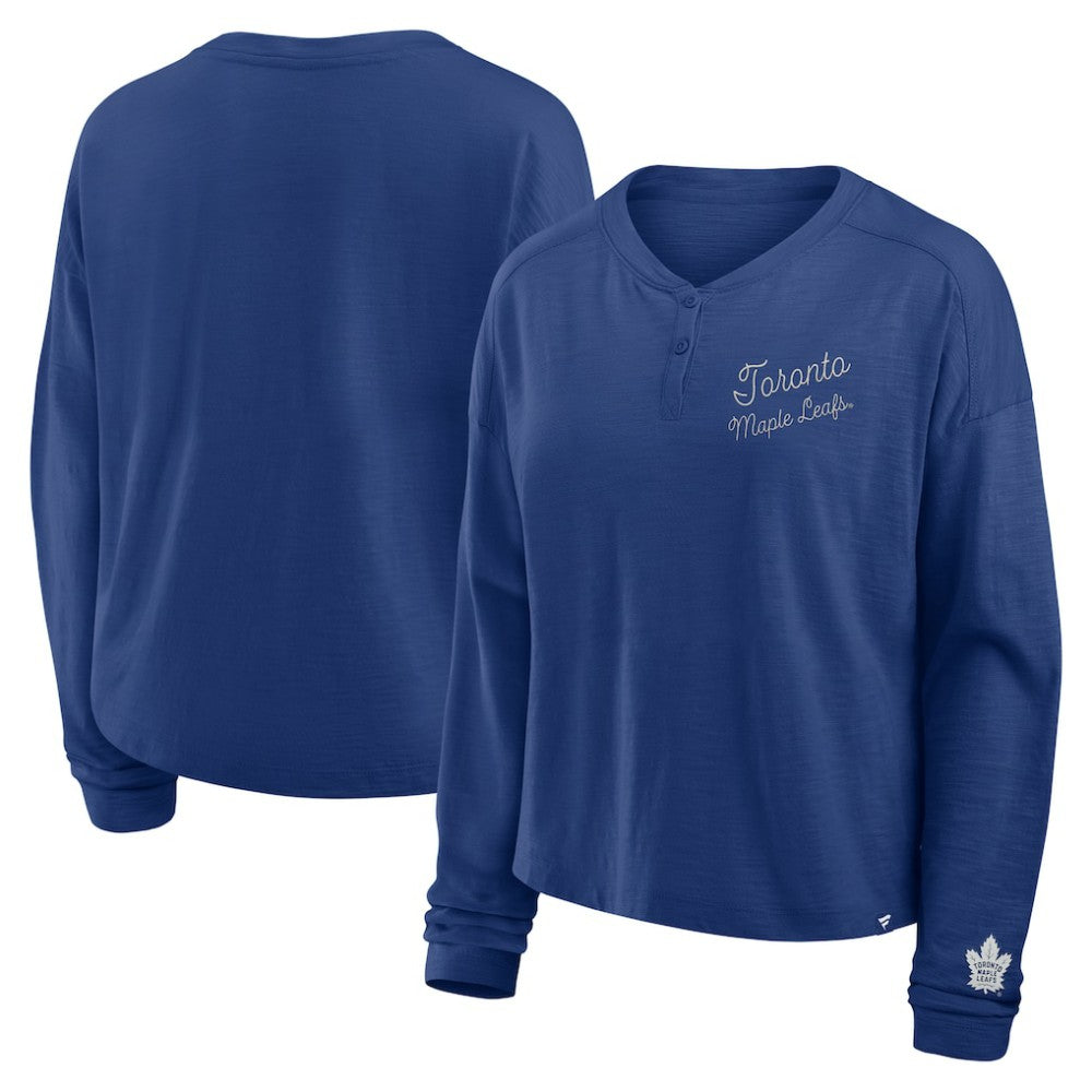 Toronto Maple Leafs Fanatics Women's Oversized All Out Effort Long Sleeve Henley T-Shirt Blue