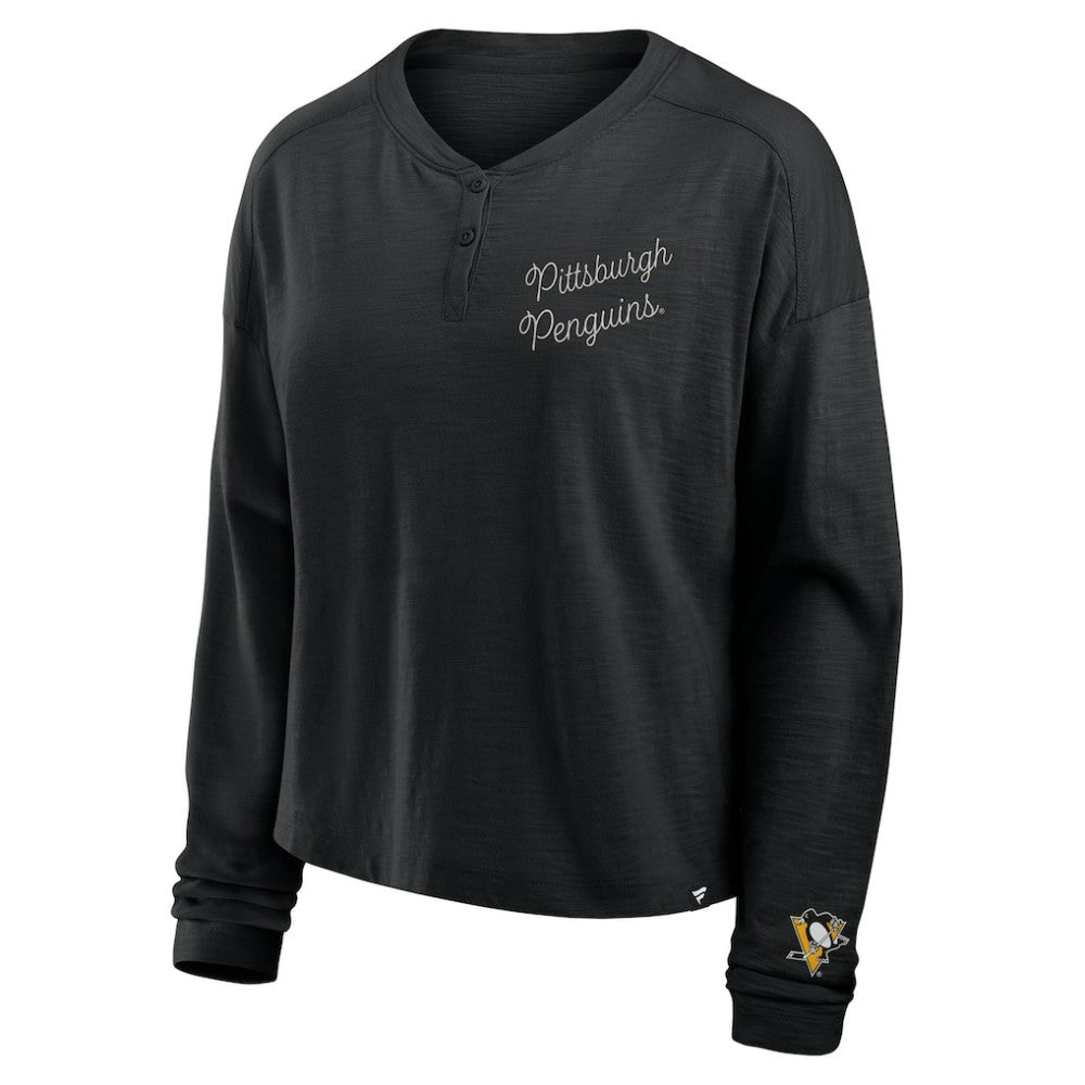 Pittsburgh Penguins Fanatics Women's Oversized All Out Effort Long Sleeve Henley T-Shirt Black