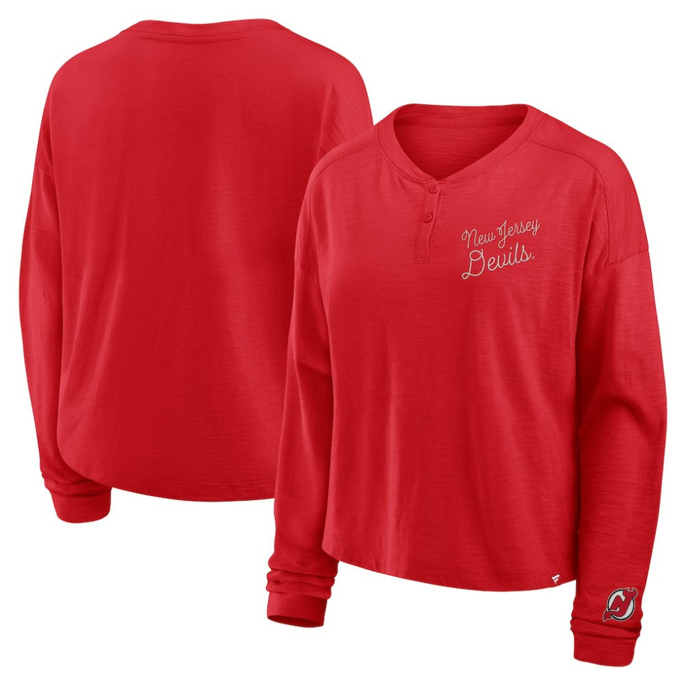 New Jersey Devils Fanatics Women's Oversized All Out Effort Long Sleeve Henley T-Shirt Red