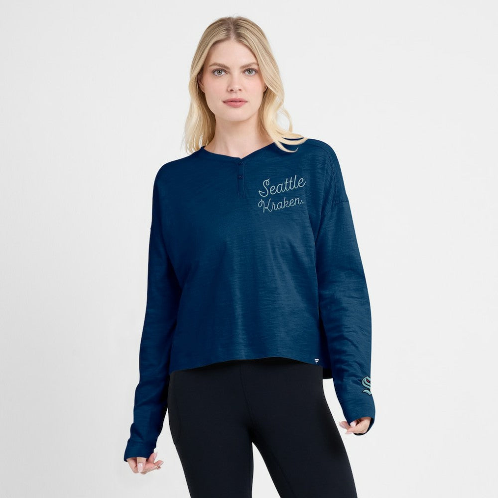 Seattle Kraken Fanatics Women's Oversized All Out Effort Long Sleeve Henley T-Shirt Deep Sea Blue