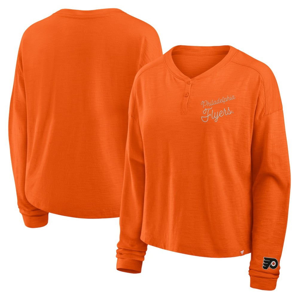 Philadelphia Flyers Fanatics Women's Oversized All Out Effort Long Sleeve Henley T-Shirt Orange