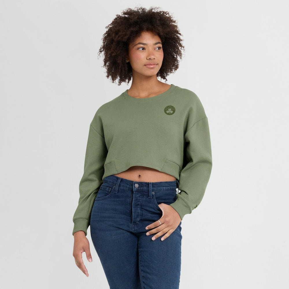 Boston Celtics Women's Studio Tri-Blend Cropped Pullover Sweatshirt - Olive | Fanatics discount