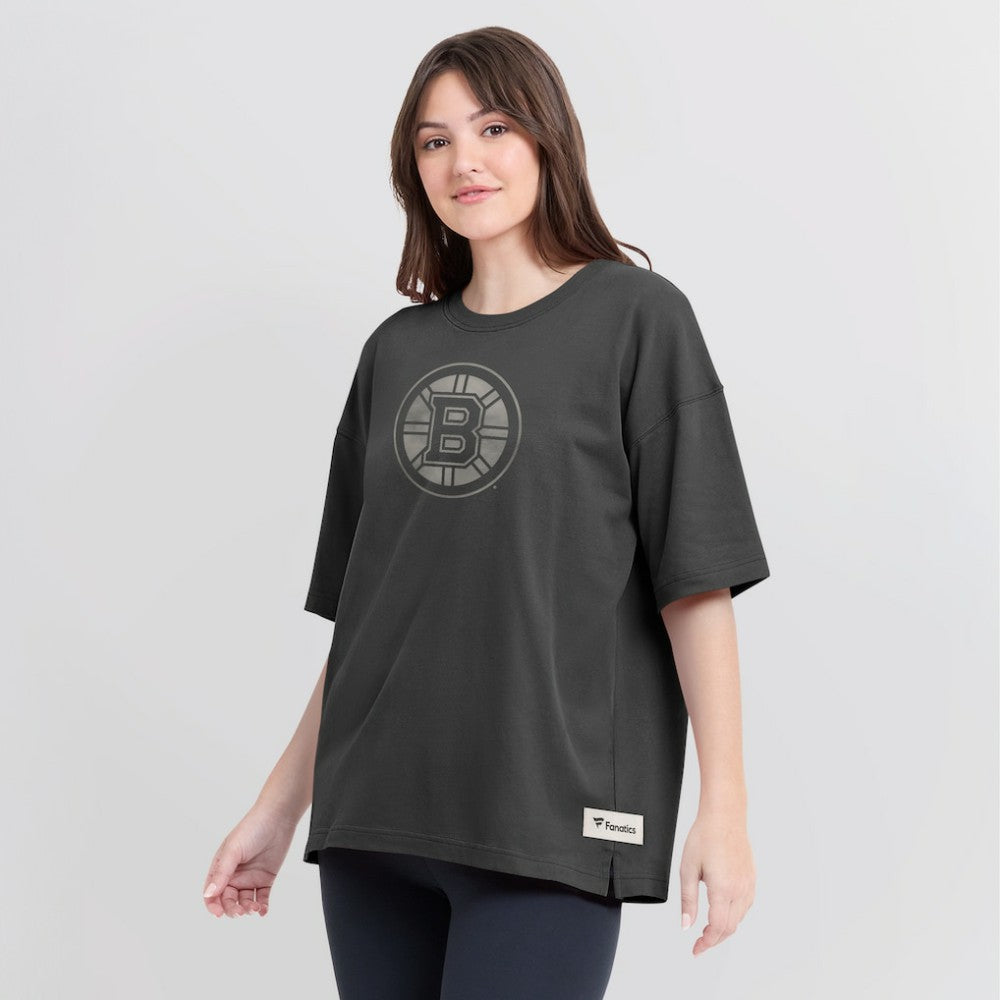 Boston Bruins Fanatics Women's Oversized Elements Raw Edge Future Ground T-Shirt Charcoal
