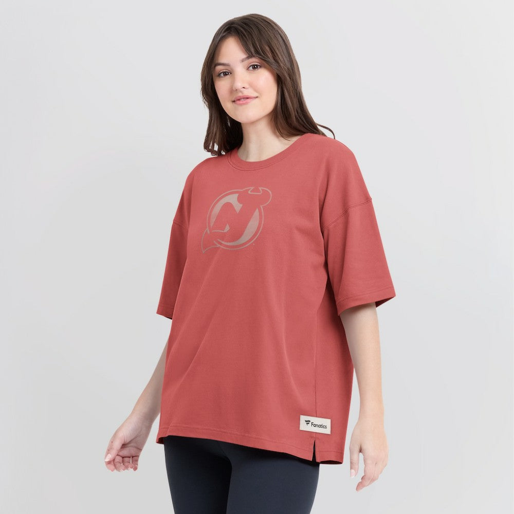 New Jersey Devils Fanatics Women's Oversized Elements Raw Edge Future Ground T-Shirt Red