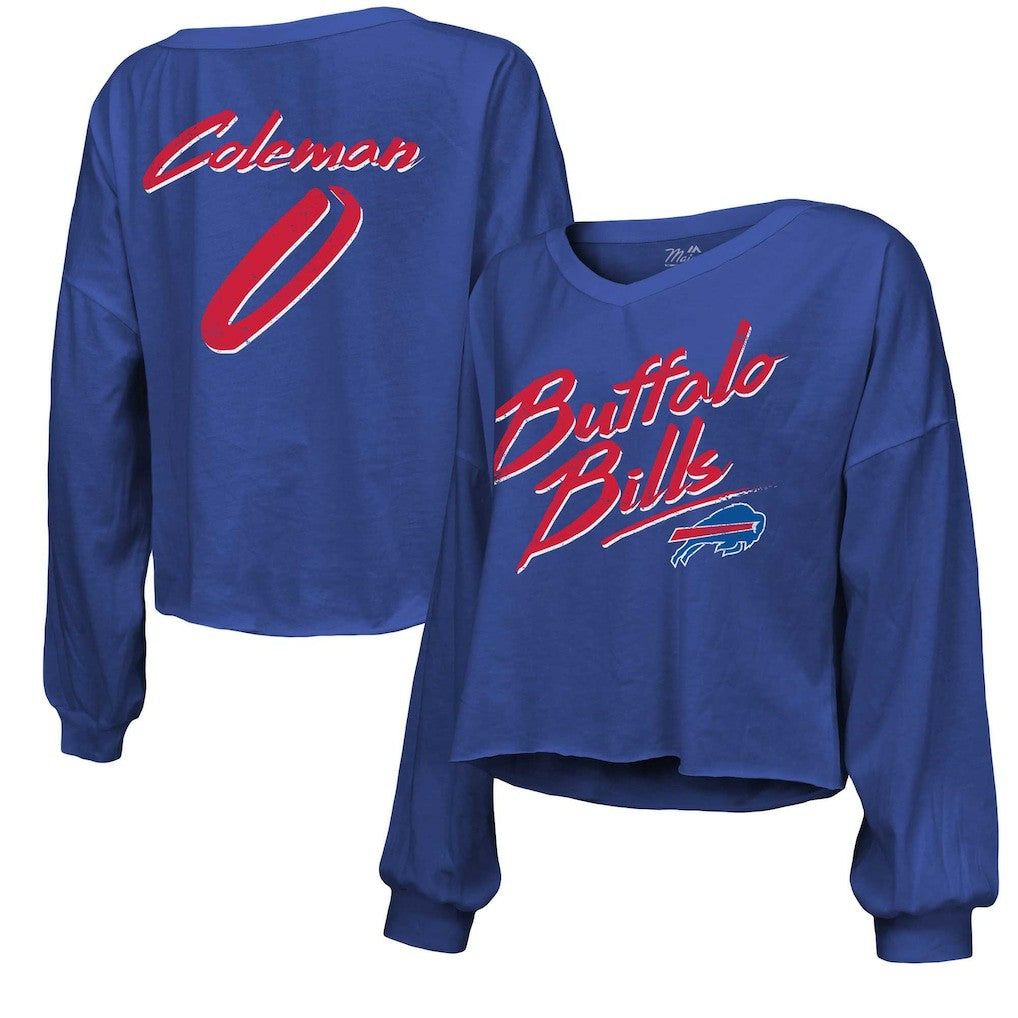 Keon Coleman Buffalo Bills Majestic Threads Women's Name & Number Off-Shoulder Script Cropped Long Sleeve V-Neck T-Shirt - Royal cheap