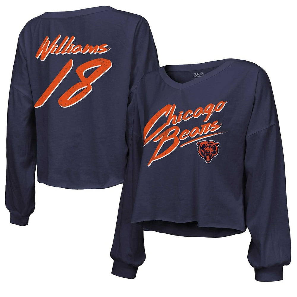 Caleb Williams Chicago Bears Majestic Threads Women's Name & Number Off-Shoulder Script Cropped Long Sleeve Relaxed V-Neck T-Shirt - Navy outlet