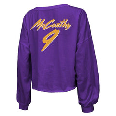 J.J. McCarthy Minnesota Vikings Majestic Threads Women's Name & Number Off-Shoulder Script Cropped Long Sleeve V-Neck T-Shirt - Purple for sale