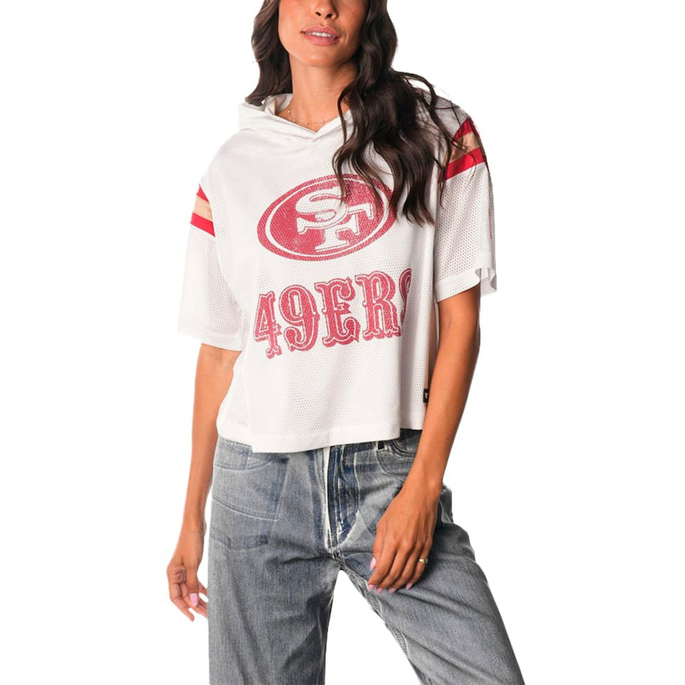 San Francisco 49ers The Wild Collective Women's Mesh Short Sleeve Hoodie T-Shirt - White discount