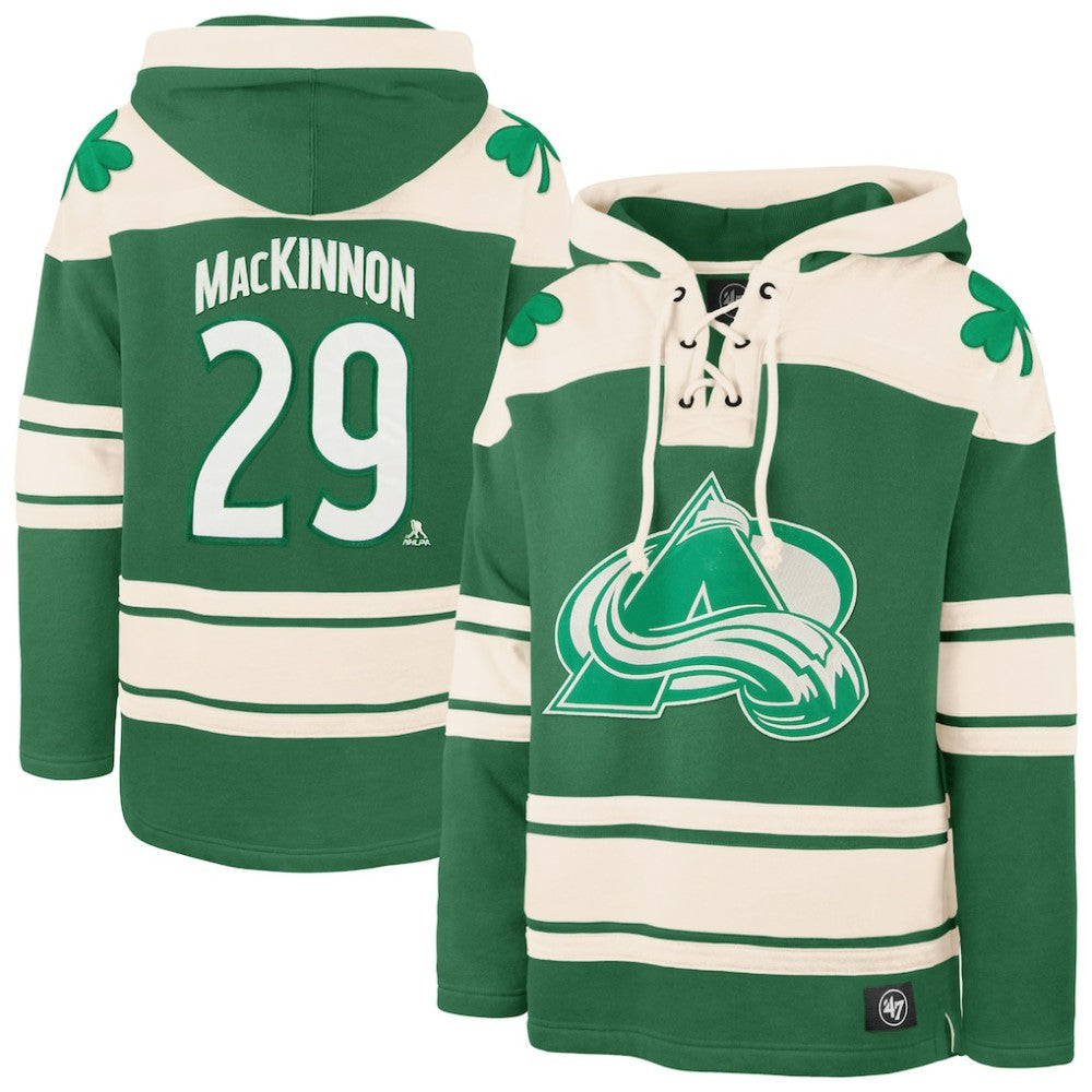 Nathan MacKinnon Colorado Avalanche '47 St. Patrick's Day Player Name & Number Lacer Pullover Hoodie Kelly Green