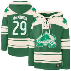 Nathan MacKinnon Colorado Avalanche '47 St. Patrick's Day Player Name & Number Lacer Pullover Hoodie Kelly Green