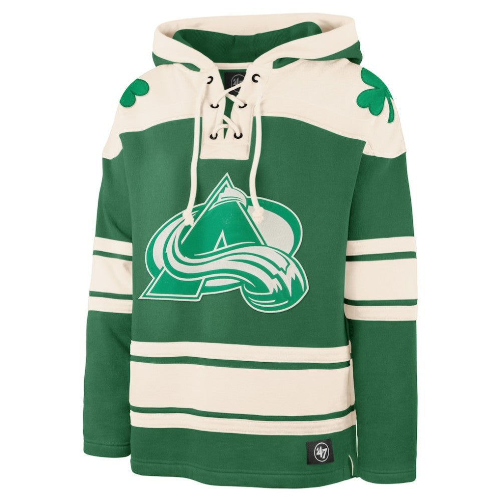 Nathan MacKinnon Colorado Avalanche '47 St. Patrick's Day Player Name & Number Lacer Pullover Hoodie Kelly Green