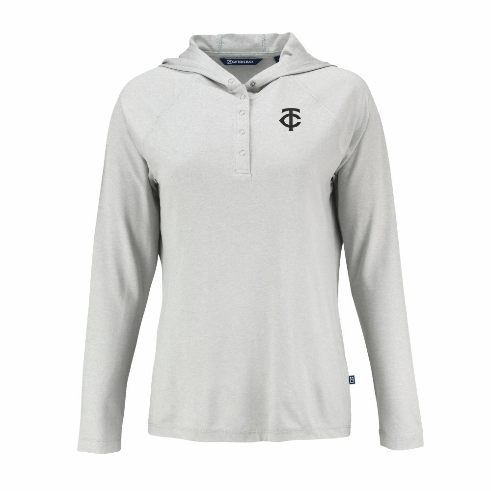 Minnesota Twins Cutter & Buck Women's Coastline Epic Comfort Eco Recycled Raglan Long Sleeve Hoodie T-Shirt - Gray