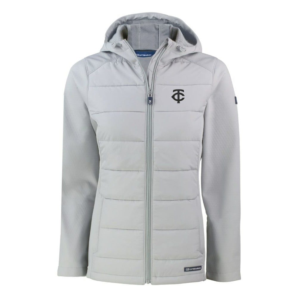 Minnesota Twins Cutter & Buck Women's Evoke Hybrid Eco Softshell Recycled Full-Zip Hooded Jacket - Gray