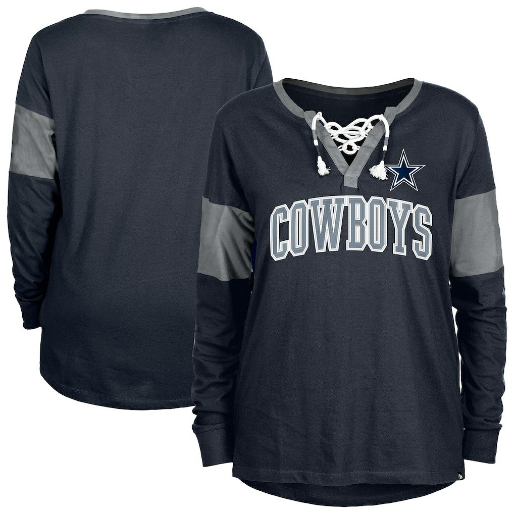 Dallas Cowboys New Era Women's Lace-Up Notch-Neck Long Sleeve T-Shirt - Navy cheap