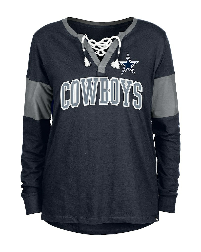 Dallas Cowboys New Era Women's Lace-Up Notch-Neck Long Sleeve T-Shirt - Navy cheap