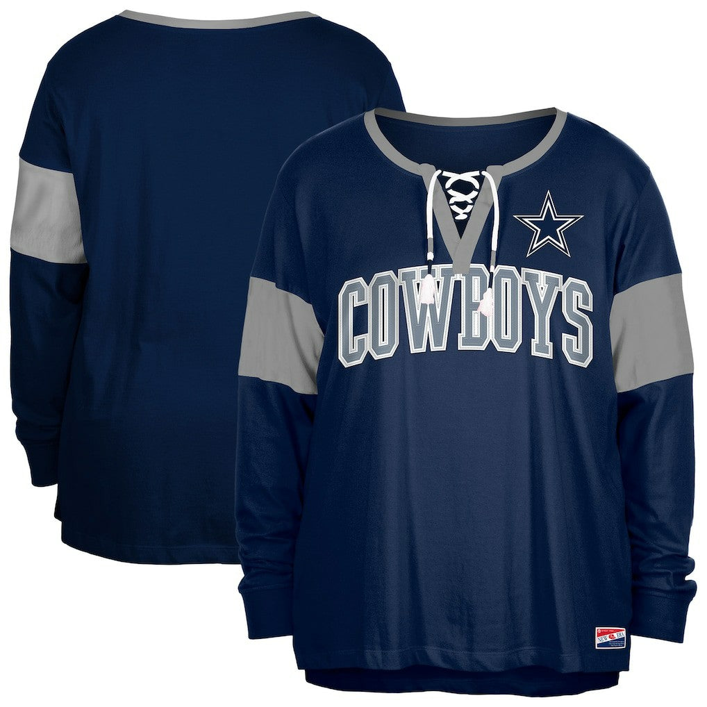Dallas Cowboys New Era Women's Plus Size Lace-Up Notch Neck Long Sleeve T-Shirt  - Navy sale