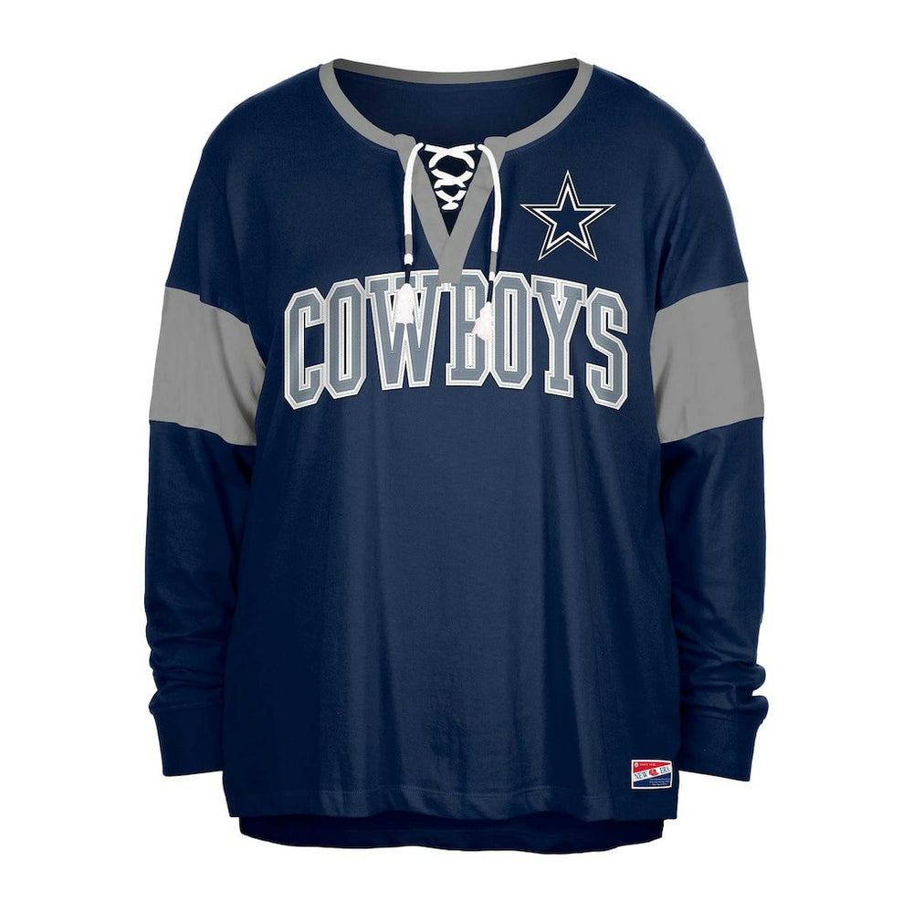 Dallas Cowboys New Era Women's Plus Size Lace-Up Notch Neck Long Sleeve T-Shirt  - Navy sale