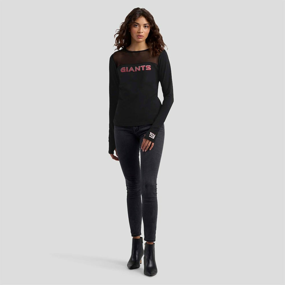 New York Giants WEAR by Erin Andrews x Gracie Hunt Women's Mesh Panel Long Sleeve T-Shirt - Black discount