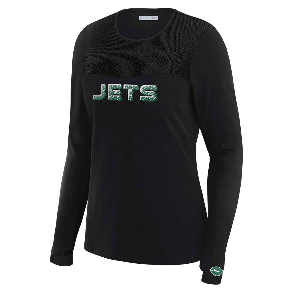 New York Jets WEAR by Erin Andrews x Gracie Hunt Women's Mesh Panel Long Sleeve T-Shirt - Black on sale