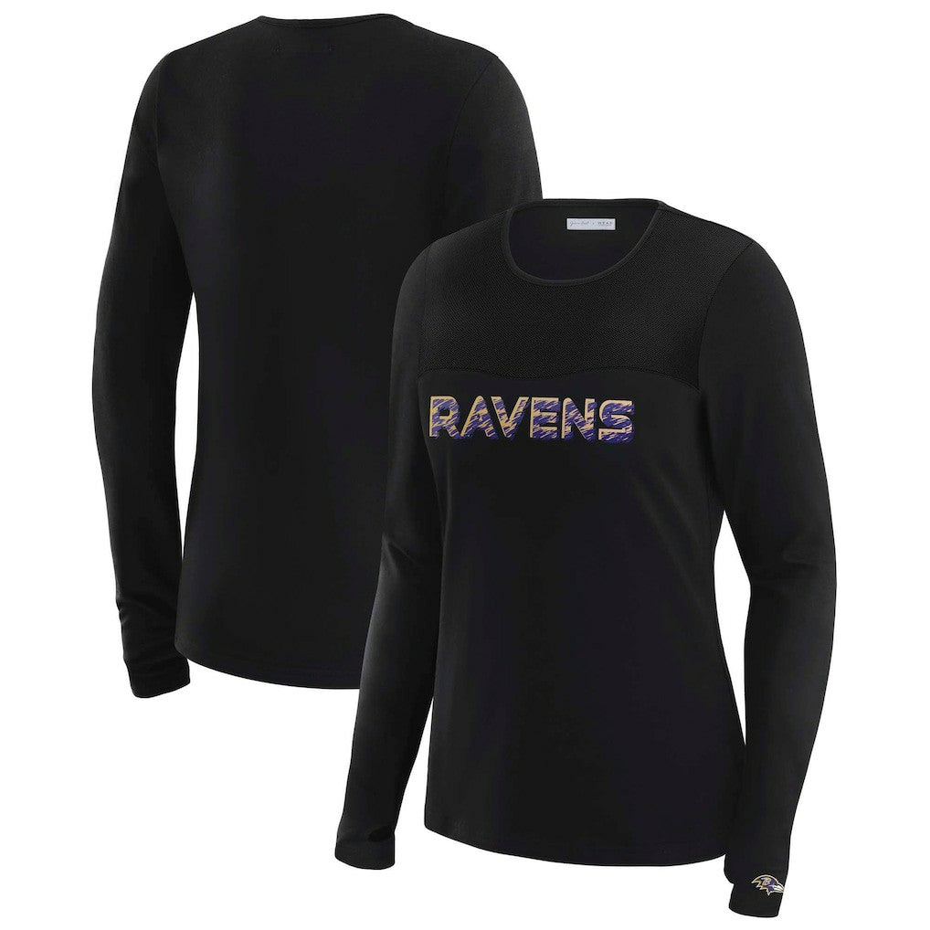 Baltimore Ravens WEAR by Erin Andrews x Gracie Hunt Women's Mesh Panel Long Sleeve T-Shirt - Black discount