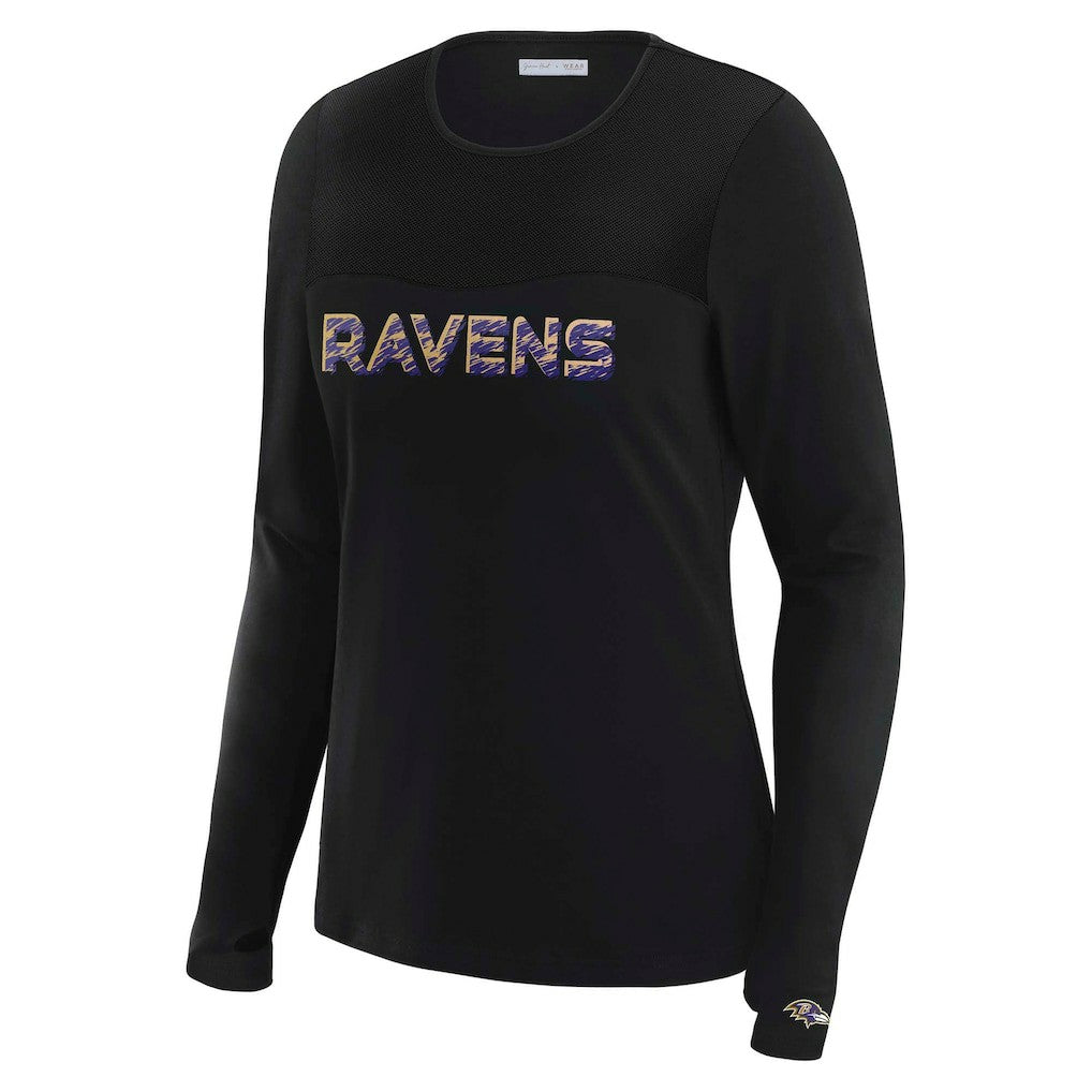 Baltimore Ravens WEAR by Erin Andrews x Gracie Hunt Women's Mesh Panel Long Sleeve T-Shirt - Black discount