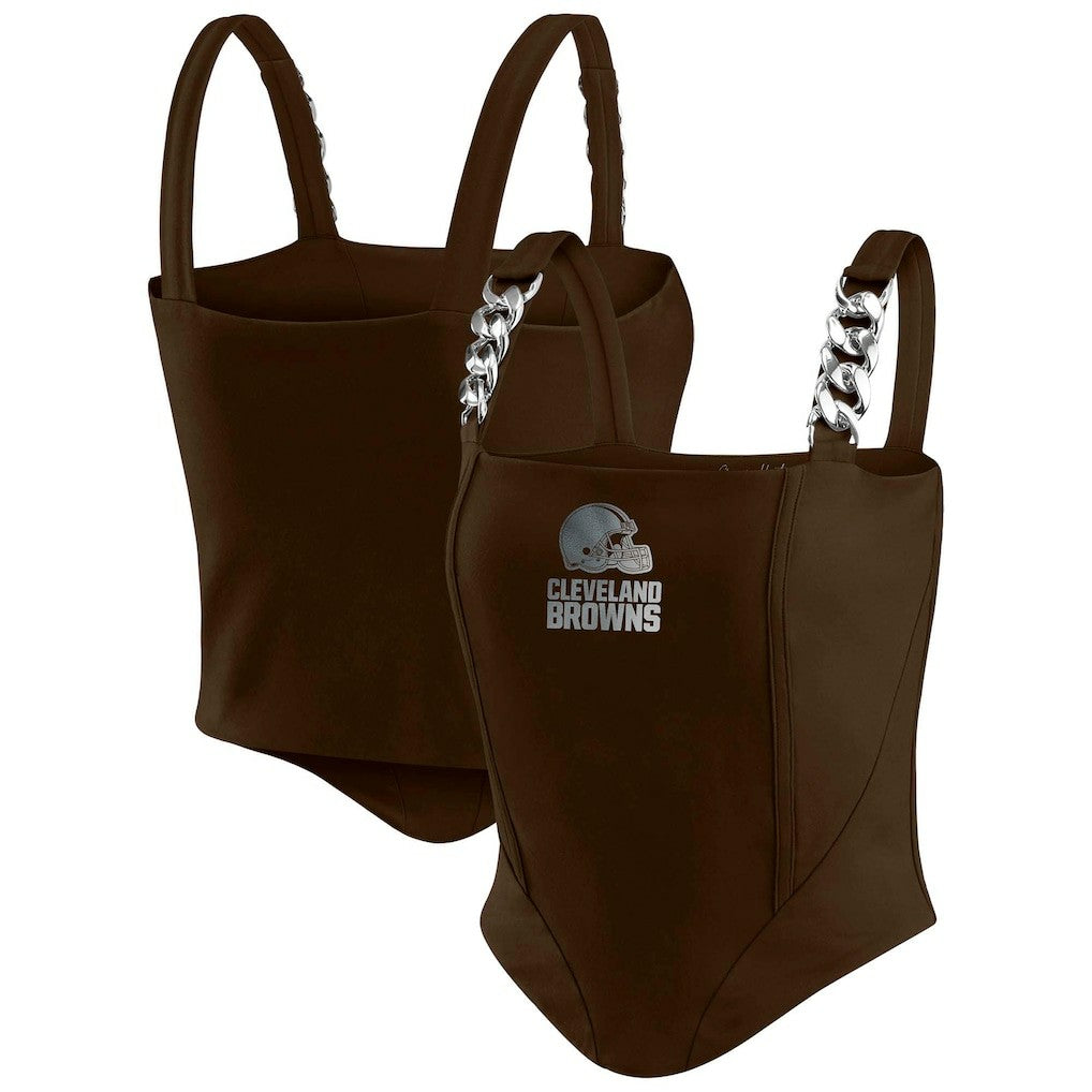 Cleveland Browns WEAR by Erin Andrews x Gracie Hunt Women's Chain Link Corset Top - Brown on sale
