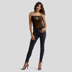 Cleveland Browns WEAR by Erin Andrews x Gracie Hunt Women's Chain Link Corset Top - Brown on sale