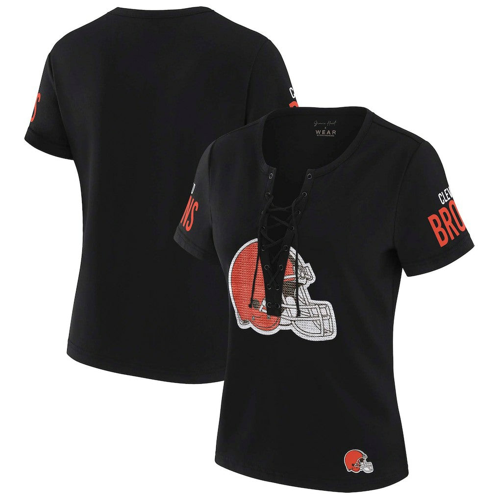 Cleveland Browns WEAR by Erin Andrews x Gracie Hunt Women's Draft Me Lace-Up T-Shirt - Black sale