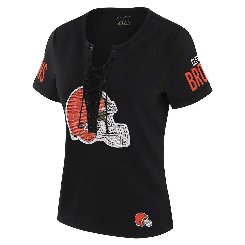 Cleveland Browns WEAR by Erin Andrews x Gracie Hunt Women's Draft Me Lace-Up T-Shirt - Black sale