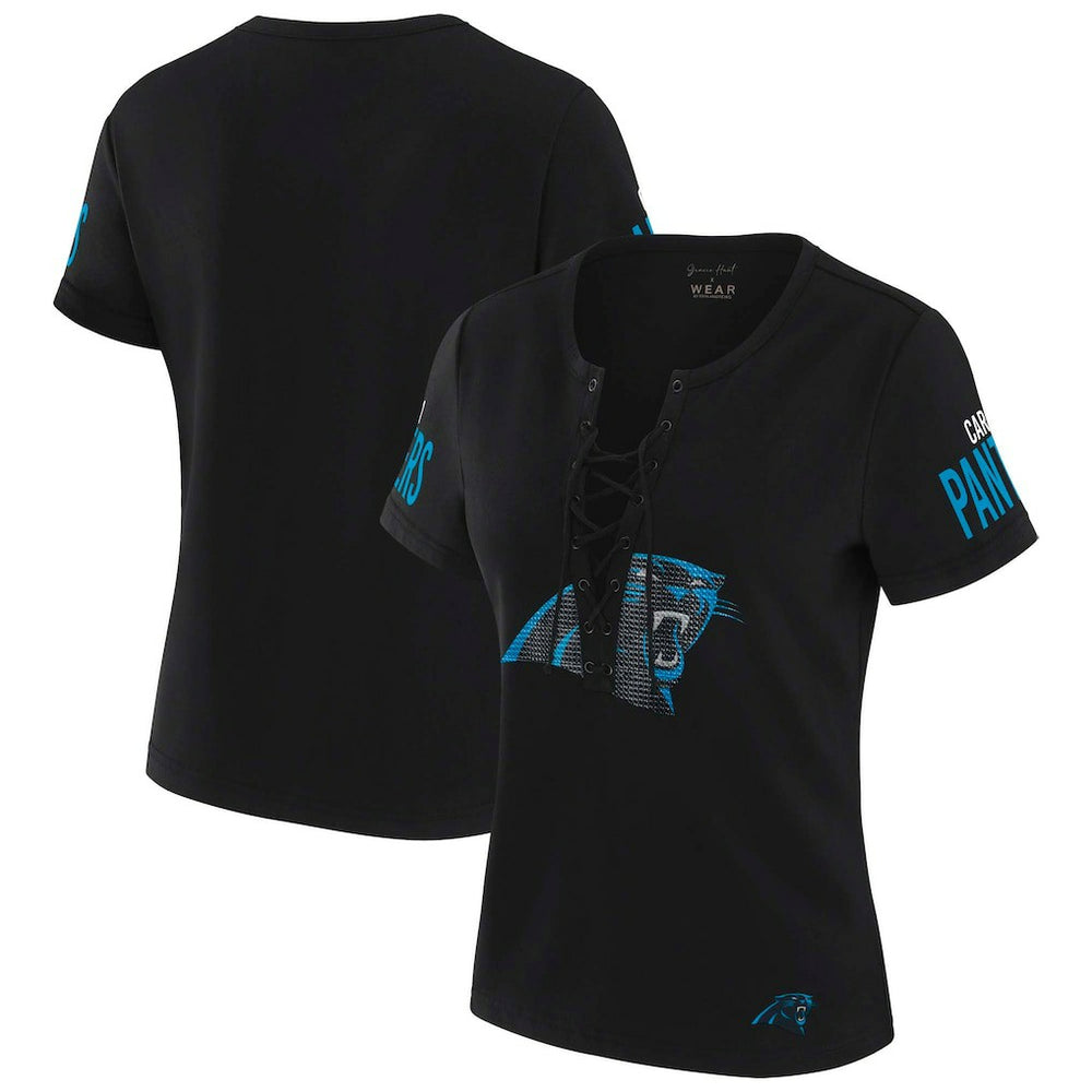 Carolina Panthers WEAR by Erin Andrews x Gracie Hunt Women's Draft Me Lace-Up T-Shirt - Black for sale