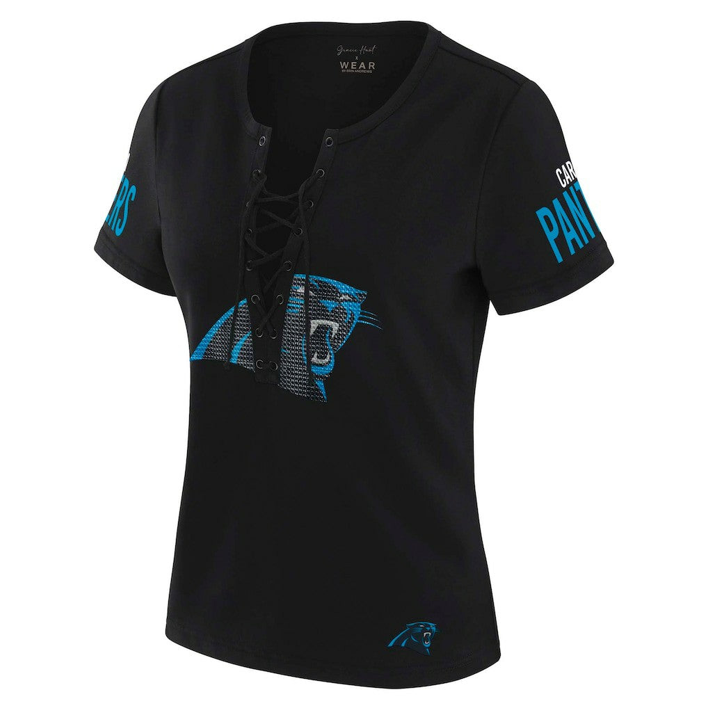 Carolina Panthers WEAR by Erin Andrews x Gracie Hunt Women's Draft Me Lace-Up T-Shirt - Black for sale