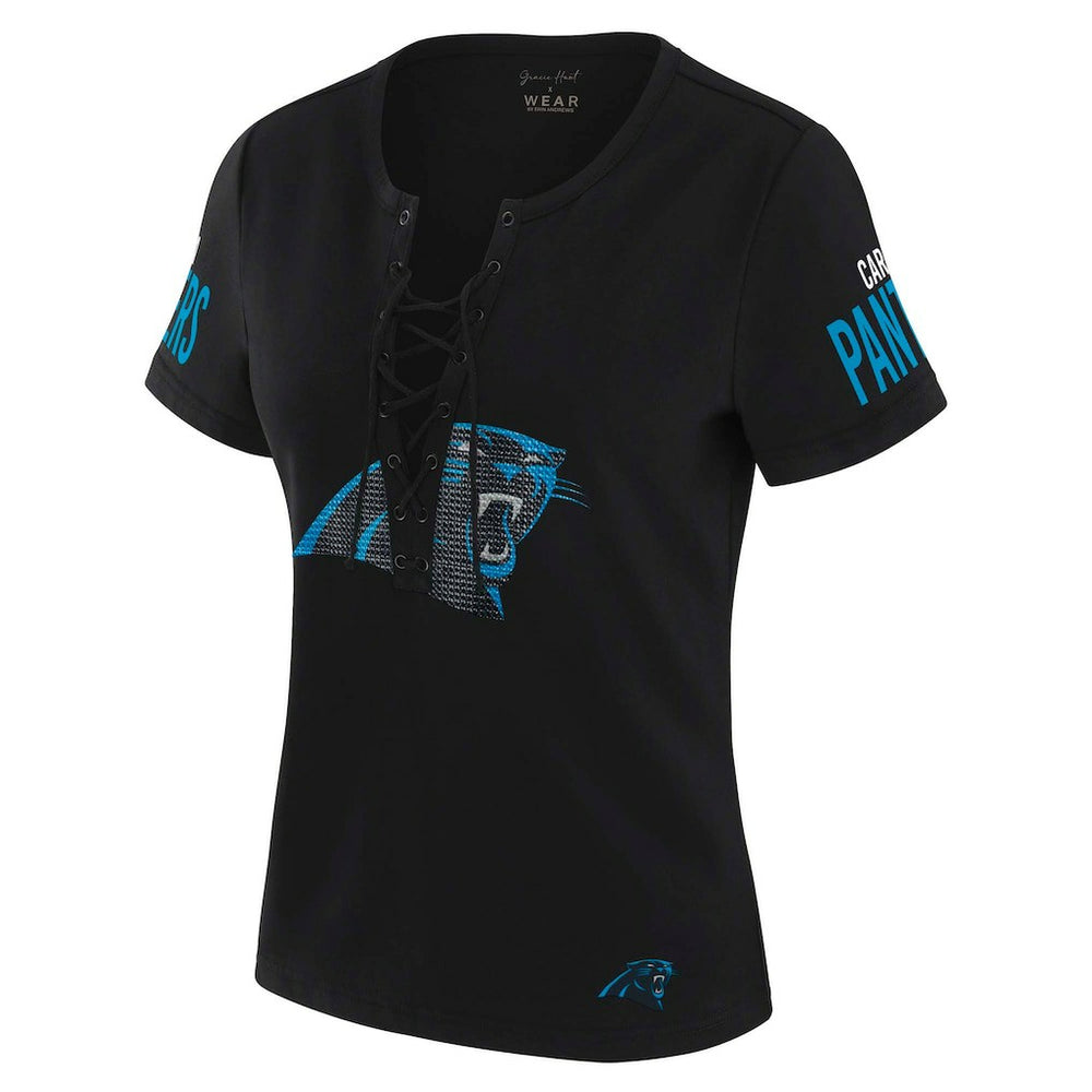 Carolina Panthers WEAR by Erin Andrews x Gracie Hunt Women's Draft Me Lace-Up T-Shirt - Black for sale