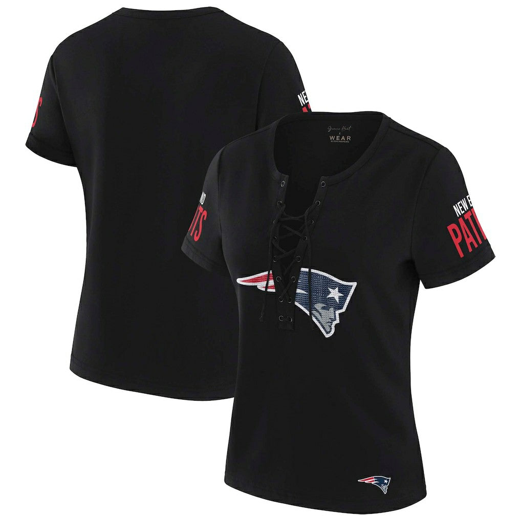 New England Patriots WEAR by Erin Andrews x Gracie Hunt Women's Draft Me Lace-Up T-Shirt - Black cheap