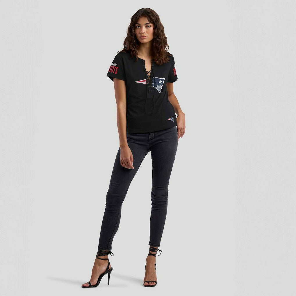 New England Patriots WEAR by Erin Andrews x Gracie Hunt Women's Draft Me Lace-Up T-Shirt - Black cheap