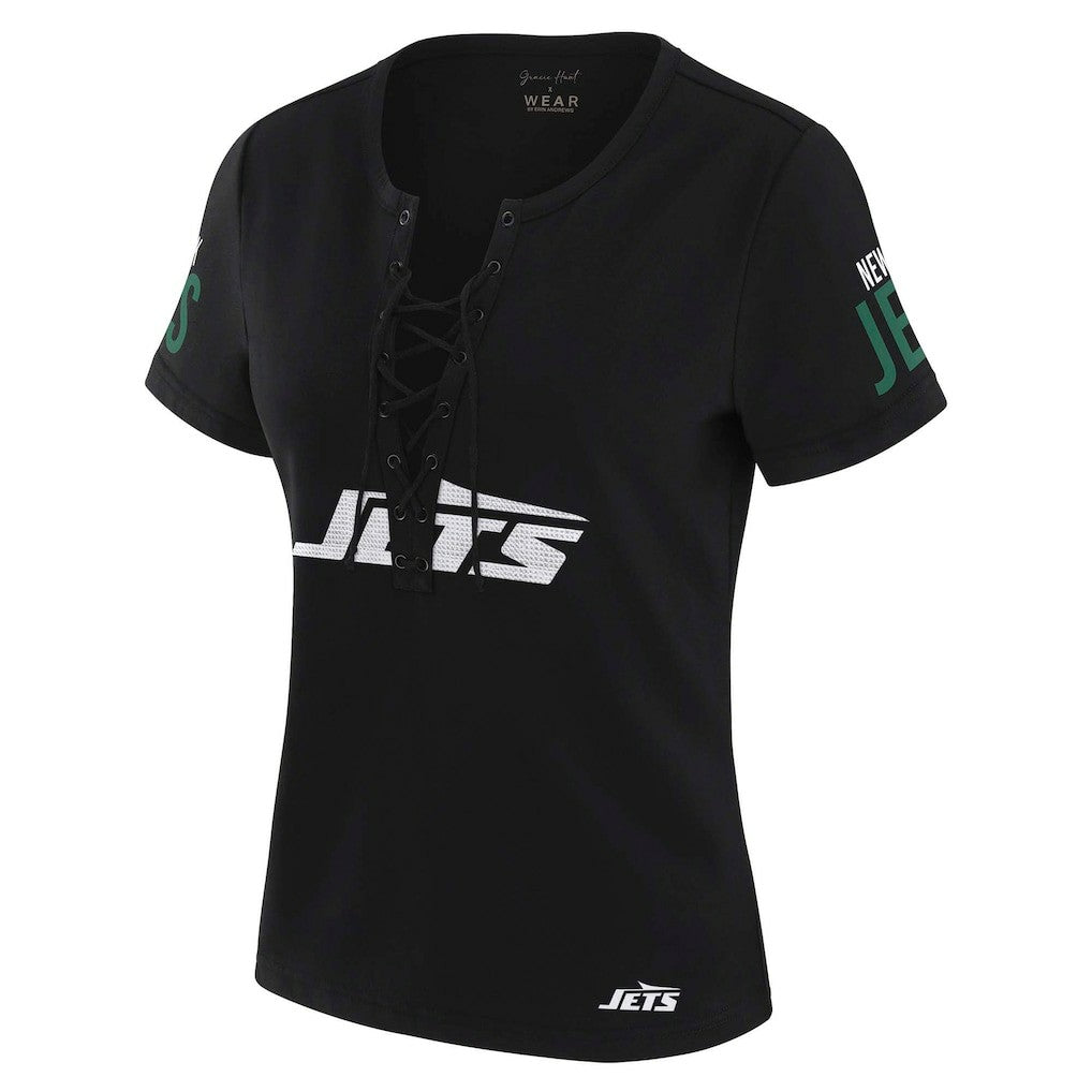 New York Jets WEAR by Erin Andrews x Gracie Hunt Women's Draft Me Lace-Up T-Shirt - Black online