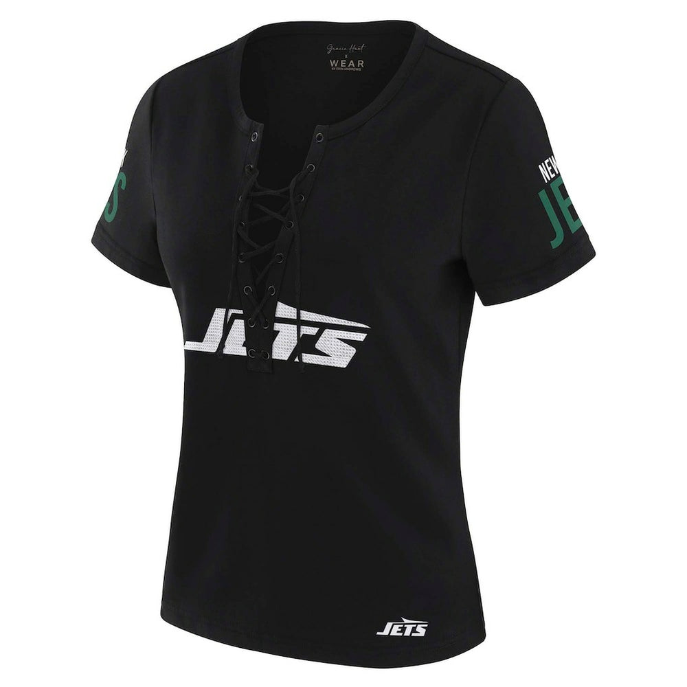 New York Jets WEAR by Erin Andrews x Gracie Hunt Women's Draft Me Lace-Up T-Shirt - Black online