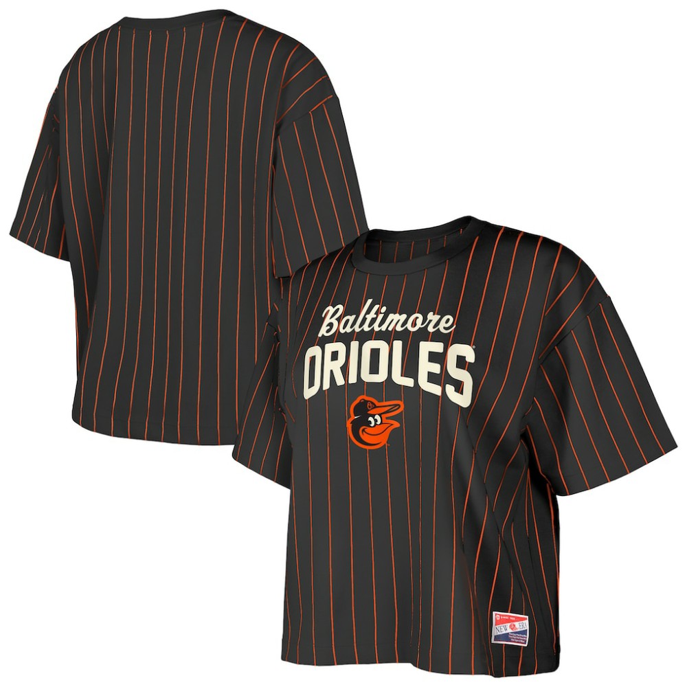 Baltimore Orioles Women's Cooperstown Collection Multiplier Pinstripe Cropped T-Shirt - Black | New Era