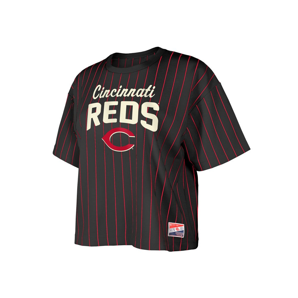 Cincinnati Reds Women's Cooperstown Collection Multiplier Pinstripe Cropped T-Shirt - Black | New Era