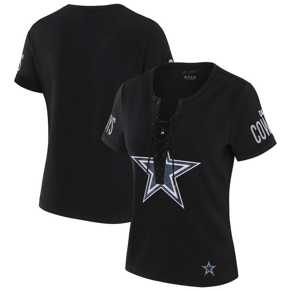 Dallas Cowboys WEAR by Erin Andrews x Gracie Hunt Women's Draft Me Lace-Up T-Shirt - Black on sale