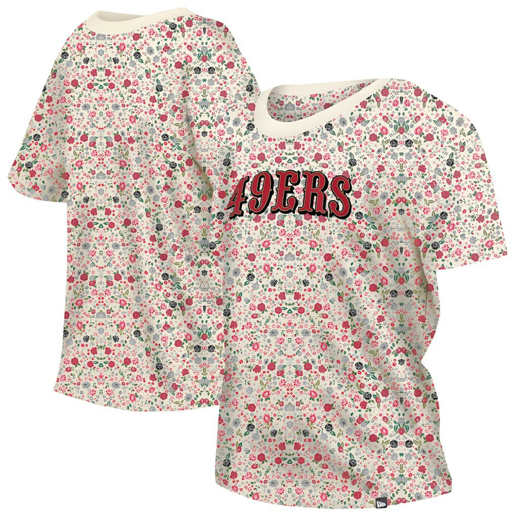 San Francisco 49ers New Era Women's Glam Game Floral Scoop Neck T-Shirt - Cream sale